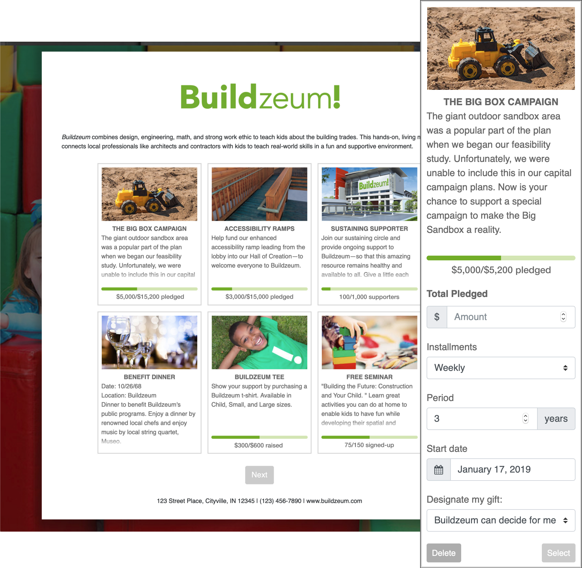 Donation on giving page